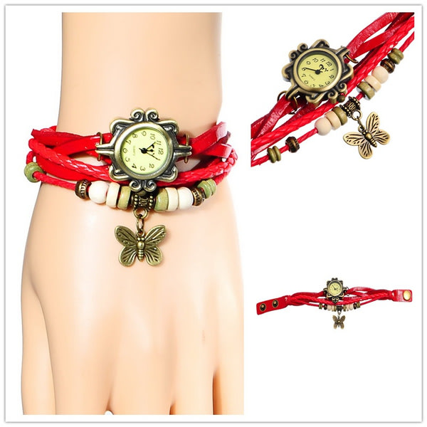 Watch Wrap Mode Vintage Butterfly Drop Leather Armband Watch Red