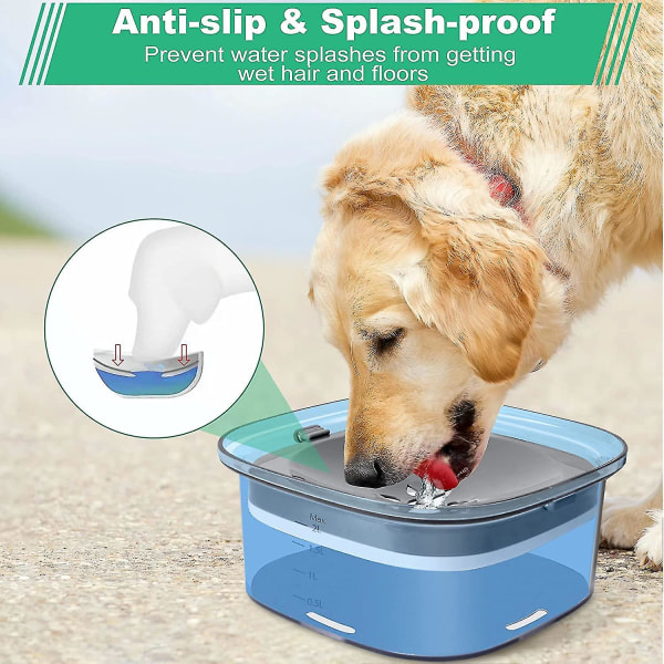 Stor kapacitet spillsäker hundvattenskål, kvävningsfri vattenskål utan spill med långsam vattenmatare, 2L Blue