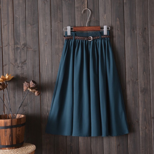 Kvinnors bälte hög midja veckad A-linje mellanlång kjol skoluniform en one size passar alla navy green