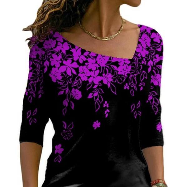 ny långärmad V-ringad blus med print för kvinnor lös Purple L