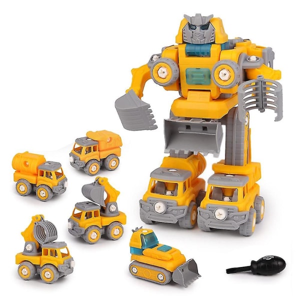 Barn tar isär roliga leksaksfordon Födelsedagspresent, 5 i 1 stamenhet Transform Robot Engineering Truck.