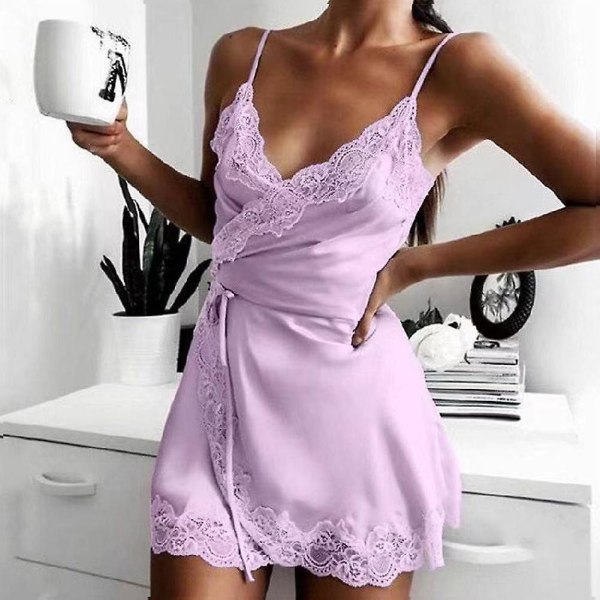 Sexig Pyjamas Spets Satin Silke Underkläder Nattlinne Dam Purple M