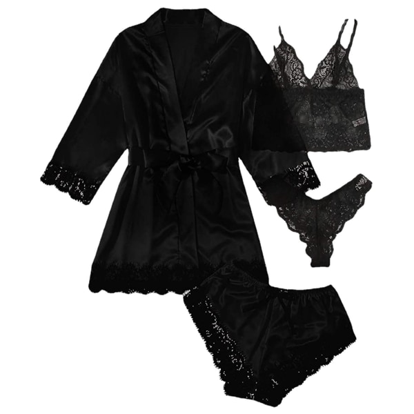 Kvinnors satin pyjamas Set Set 4-delad Floral Lace Strap Underkläder. black XS
