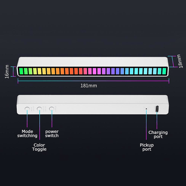 Snyggt ljudstyrt omgivande ljus, musikljus med 32 färgglada lamppärlor, uppladdningsbar typ C White