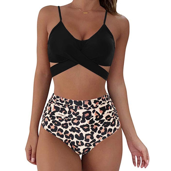 Bikiniset med hög midja Baddräkt Criss Cross String Baddräkt (flera färger tillgängliga) Leopard Print M