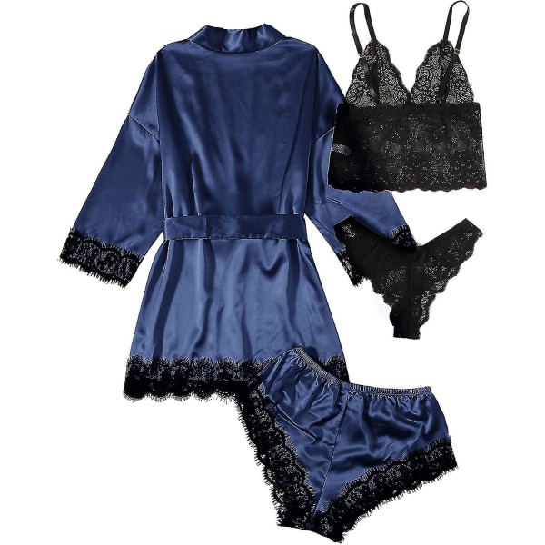 Kvinnors satin pyjamas Set Set 4-delad Floral Lace Strap Underkläder. blue L