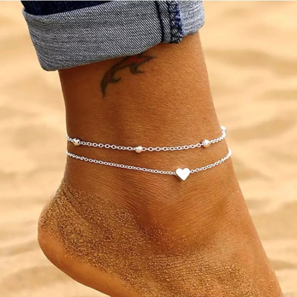 2 st Silver Foot Smycken Foot Link Ankel Link Foot Chain - Heart & Ball Silver