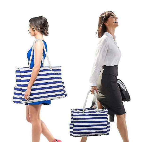 Strandväska med stor kapacitet Handväska i bomullsrep Blårandig strandhandväska i canvas inklusive Messenger-väska med innerficka dark blue