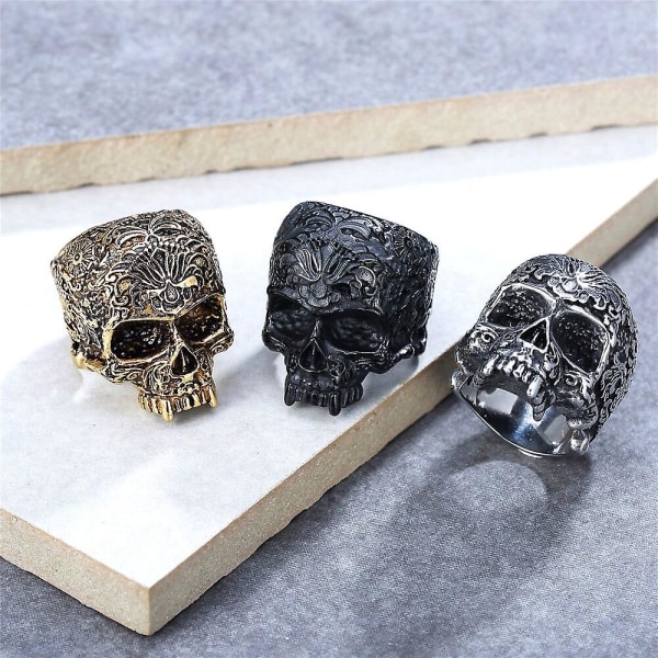 Flower Skull Ring Gothic Punk Rostfritt stål Ringar för män Hiphop Rock Biker Black 11