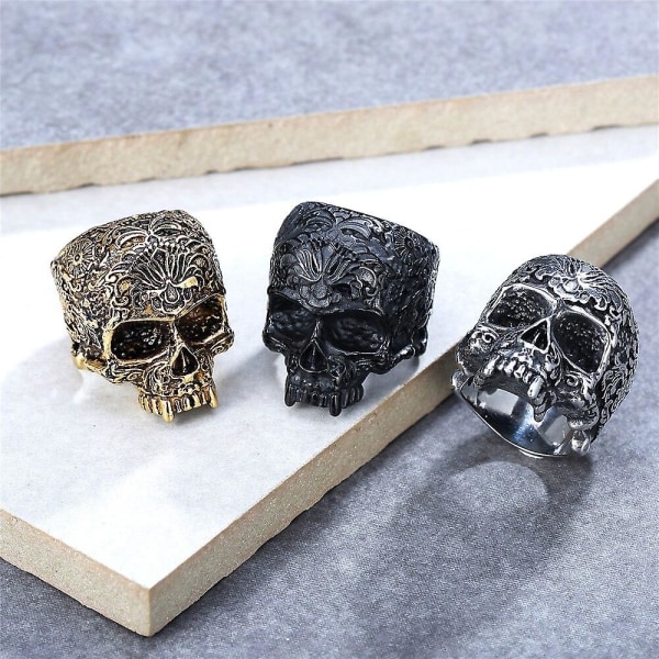 Flower Skull Ring Gothic Punk Rostfritt stål Ringar för män Hiphop Rock Biker Black 8