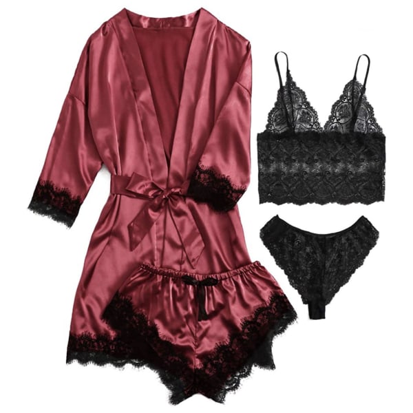 Kvinnors satin pyjamas Set Set 4-delad Floral Lace Strap Underkläder. red L