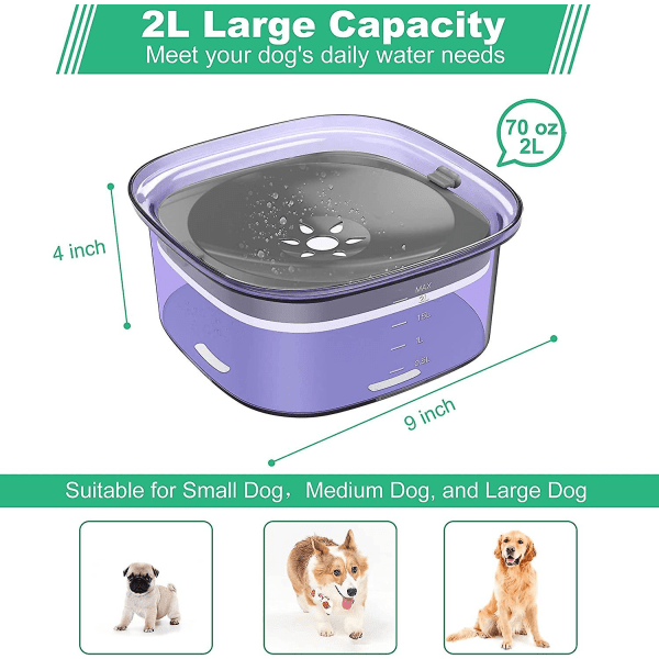 Stor kapacitet spillsäker hundvattenskål, kvävningsfri vattenskål utan spill med långsam vattenmatare, 2L Purple