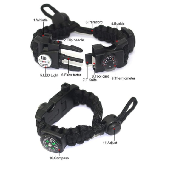Multifunktionellt nödtillbehör för utomhusbruk justerbart armband, utrustningssats för nödsportarmband Black