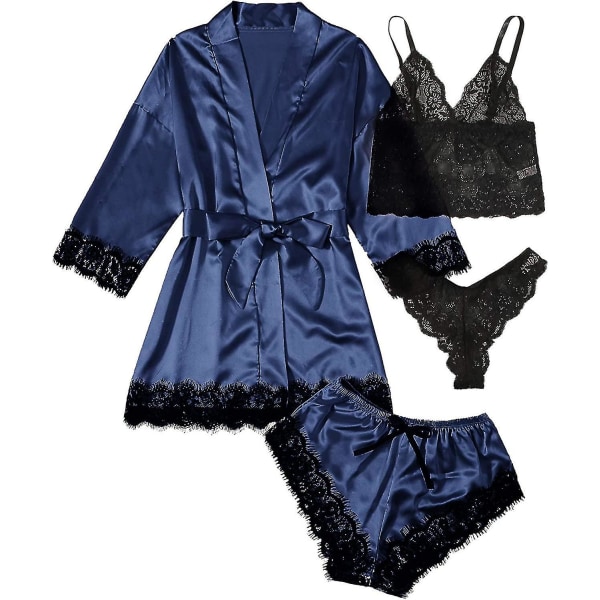 Kvinnors satin pyjamas Set Set 4-delad Floral Lace Strap Underkläder. blue L