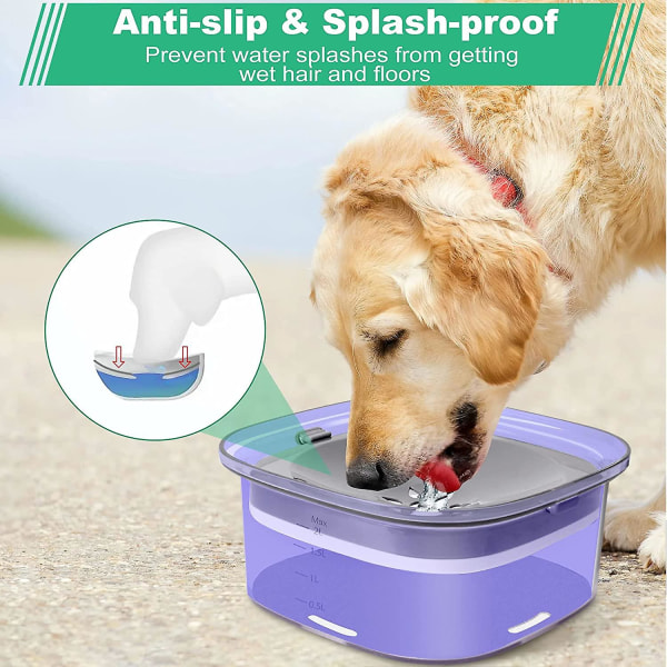 Stor kapacitet spillsäker hundvattenskål, kvävningsfri vattenskål utan spill med långsam vattenmatare, 2L Purple