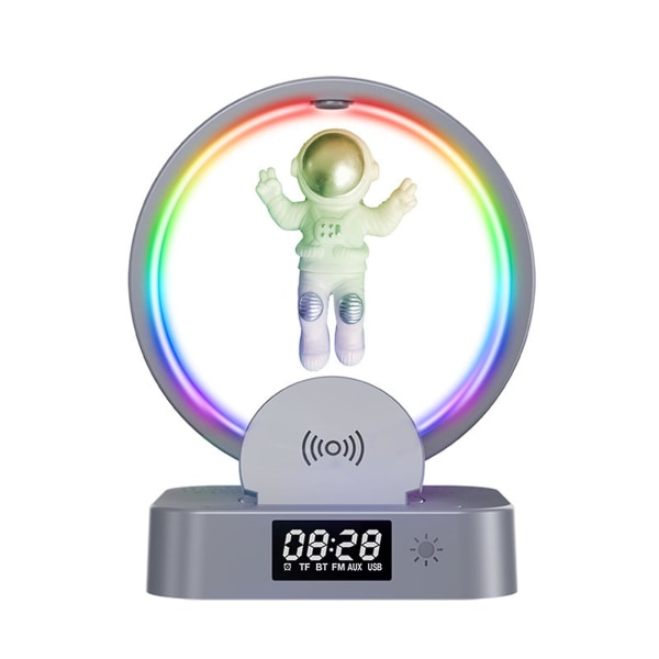 Maglev Astronaut Bluetooth -högtalare med väckarklocka och RGB LED-ljus, trådlös laddare kompatibel med iPhone Samsung Silver