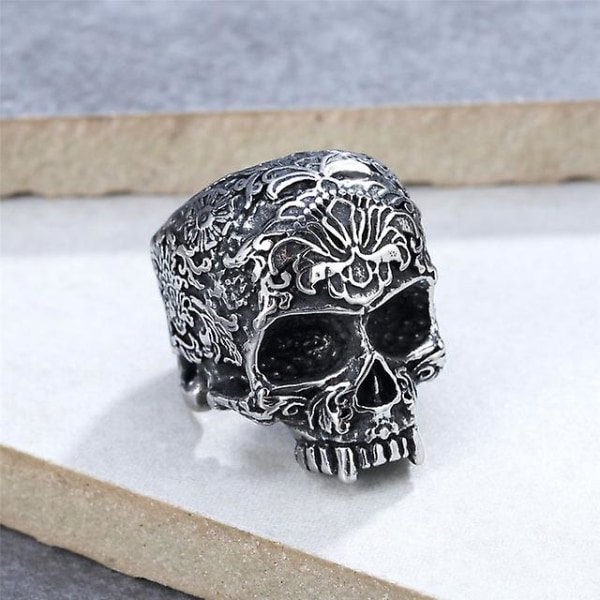 Flower Skull Ring Gothic Punk Rostfritt stål Ringar för män Hiphop Rock Biker Silver 8
