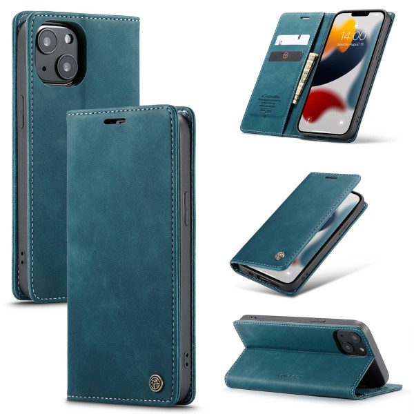 CaseMe-013 multifunktionellt läderfodral med kortplatshållare - Plånbok för iPhone 13 (blå)