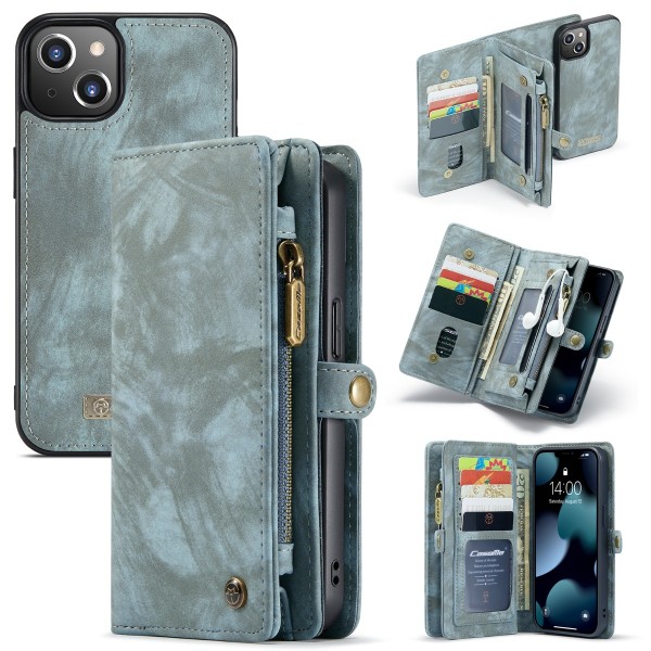 CaseMe-008 Löstagbart multifunktionellt läderfodral med kortplatshållare & blixtlåsplånbok & fotoram för iPhone 13 (blå)