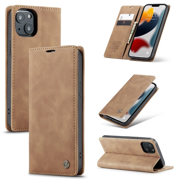 CaseMe-013 multifunktionellt läderfodral med kortplatshållare - Plånbok för iPhone 13 (brun)
