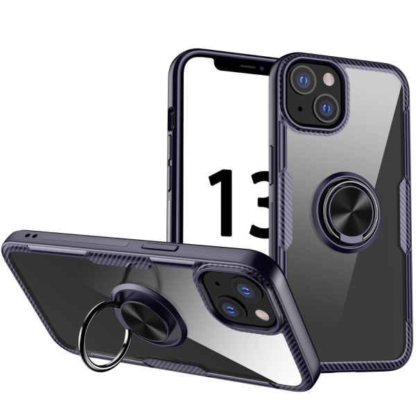 För iphone 13 - Stötsäker Transparent TPU + Akrylskyddsfodral med ringhållare (mörk blå)