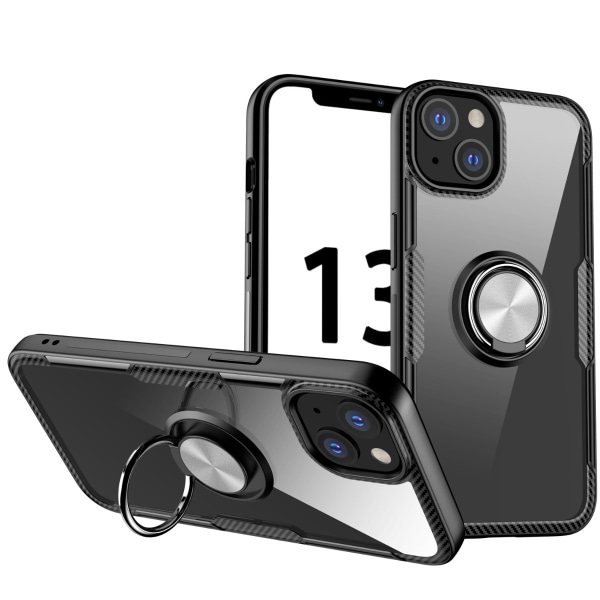 Stötsäker Transparent TPU + Skyddsfodral i akryl med ringhållare för iPhone 13 (silver svart)