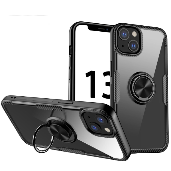 För iphone 13 - Stötsäker Transparent TPU + Akrylskyddsfodral med ringhållare (svart)