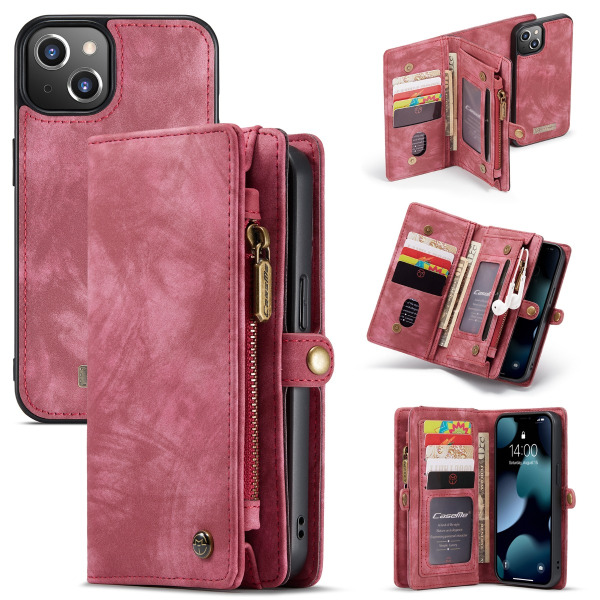CaseMe-008 Löstagbart multifunktionellt läderfodral med kortplatshållare & blixtlåsplånbok & fotoram för iPhone 13 (röd)