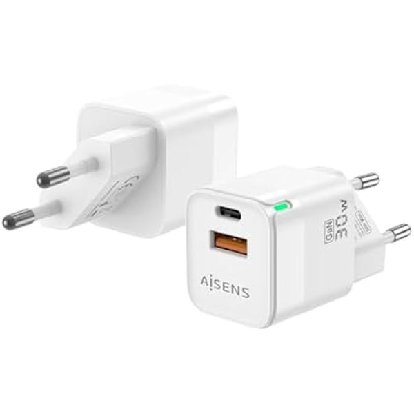 AISENS GAN Laddare 30W 1XUSB-C PD3.0 QC4.0 1XUSB-A QC3.0 Vit Vit