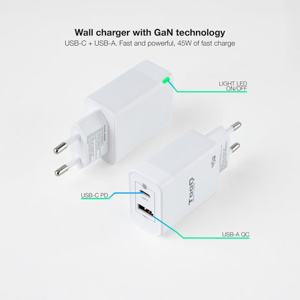 TOOQ TQWC-GANQCPD45WT - 2-portars väggladdare med GaN-teknik, en PD USB-C-port och en QC USB-A-port 45W, vit färg