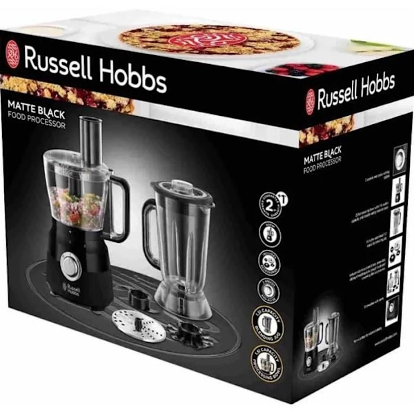 Multifunktionsrobot - RUSSELL HOBBS - Mattsvart 24732-56 - 600 W - 2,5 L skål - Rostfria blad - Vändbar skiva - Mattsvart Mattsvart och krom accent