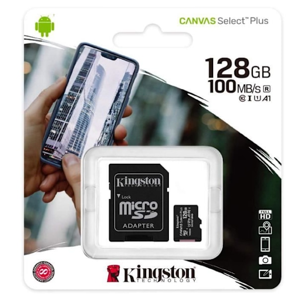 KINGSTON Canvas Select Plus SDCS2 128GB minneskort - Klass 10 A1 100MB/s+ Adapter ingår