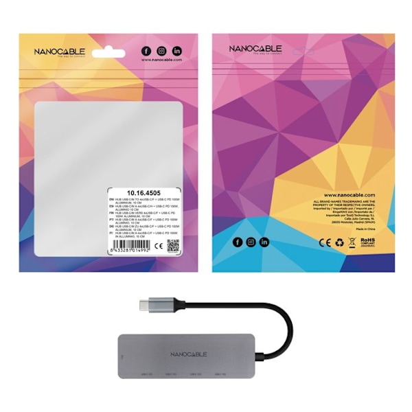USB-C Hub - NANO KABEL - 4 USB-C honportar - USB-C PD 100W - Aluminium 10 cm - Grå
