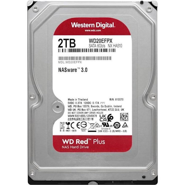 Intern hårddisk - WESTERN DIGITAL - Red Plus - 2TB - 3,5" - Dedikerad NAS - 5400 RPM Class - SATA 6 GB/s (WD20EFPX)