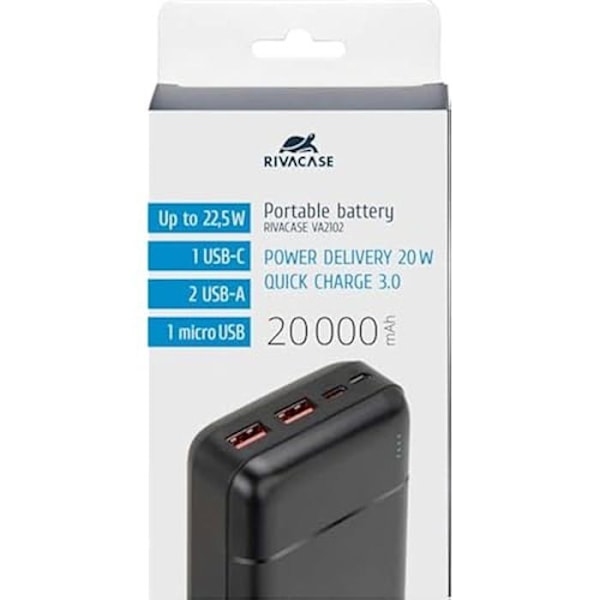 Externt batteri - RIVACASE - VA2102 - 20000mAh - 2 Typ-C-ingångar - 3 QC/PD-utgångar Svart