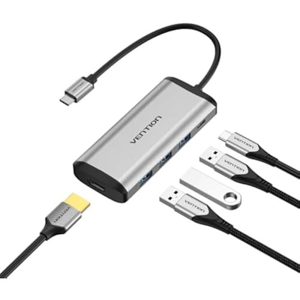 Dockningsstation - VENTION - Typ C för HDMI - 3 USB 3.0-portar - 0,15 m PD - Metallic grå