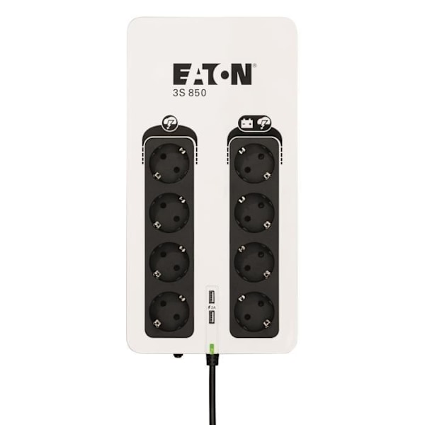 Växelriktare/grenuttag/blixtskydd - EATON 3S 850 DIN - Off-line UPS - 3S850D - 850VA (8 DIN-uttag + 2 USB-laddningsportar) Svart, Vit