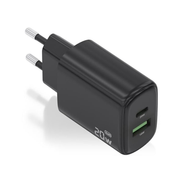 CARGADOR AISENS GAN 20W, 1XUSB-C PD3.0, 1XUSB-A QC3.0, SVART Svart