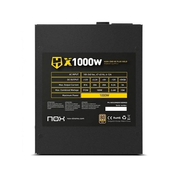 NOX XTREME PRODUCTS Hummer X 1000 W 80 Plus Gold - 1000 W ATX 12 V strömförsörjning Ultra Tyst 120 mm fläkt