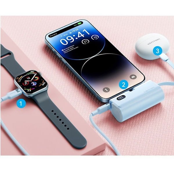 Vention Strömförsörjning med LED-skärm 4800mAh (USB-C Lightning USB-C) 22.5W Rosa Fällbar Lightning Typ