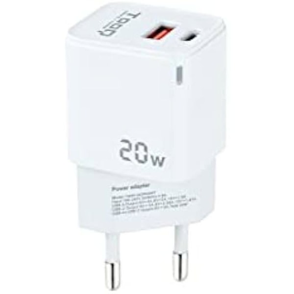TOOQ TQWC-QCPD20WT - USB-C/PD + USB-A/QC 20W VÄGGLADDARE Vit