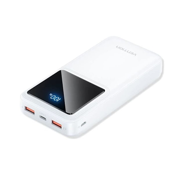 USB-C extern batteri, 2x USB, Micro-USB, LED-skärm, PD22,5W, 20 000 mAh - Vention (FHLW0) - Vit