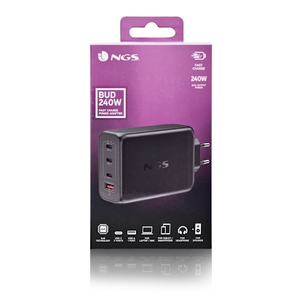 NGS BUD 240W: Universell väggadapter 240W med 4 portar: 3 USB-C + 1 USB-A. Snabb och säker laddning. Samtidig laddning. Svart.