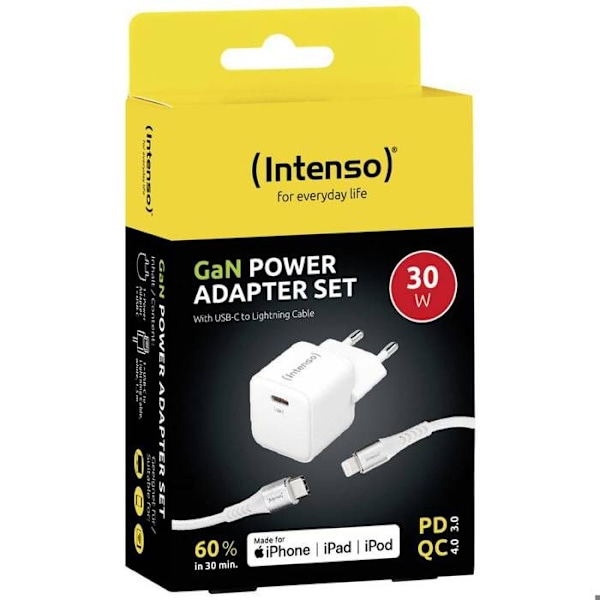 Intenso W30C GaN + C315L Inomhus USB-laddare Utström (max.) 3 A USB-C®, Lightning Nr. av utgångar: 1 x Ga
