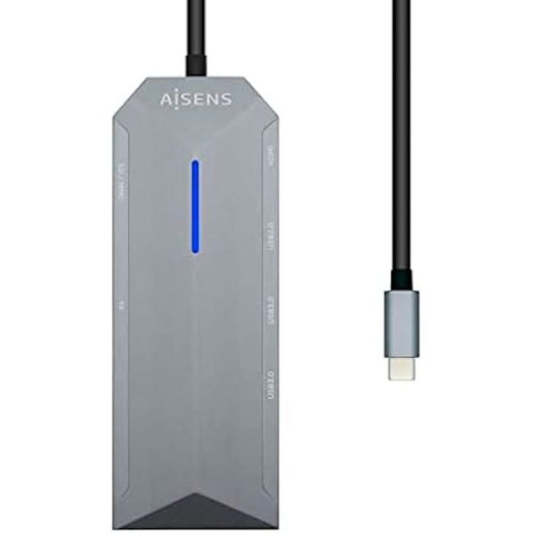 AISENS - USB-C DOCK 8 IN 1, USB-C A 1xHDMI, 1xRJ45, 3xUSB, 1xPD, 1xSD, 1xMICRO SD, GRÅ, 15CM