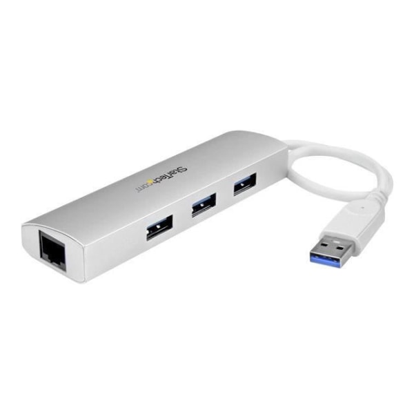 STARTECH Bärbar USB 3.0 Hub - 3 portar med integrerad kabel - USB 3.0 Hub plus Gigabit Ethernet - Aluminium