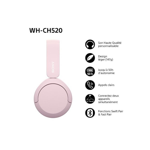Sony trådlösa Bluetooth-multipoint hörlurar WHCH520 Rosa Rosa