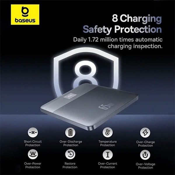 Baseus - Blade externt batteri (P10063801S13-00) - 2x Type-C, 65W, 12000mAh, Digital display, med USB-C kabel - Silver