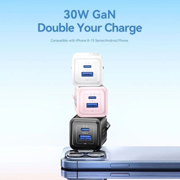 GaN-laddare, Typ-C, USB, PD30W, dubbel snabbladdning - Vention (FEQL0-EU) - Blå