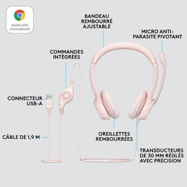 Hörlurar - Kabelansluten - Logitech - H390 - Stereo, Integrerad mikrofon, Brusreducering - Rosa Rosa